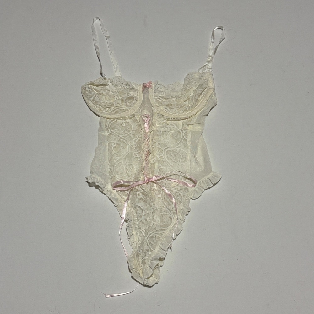 Delicates Bodysuit Womens Small Ivory Vintage Lace Pink Bows 125-2343 Coquette